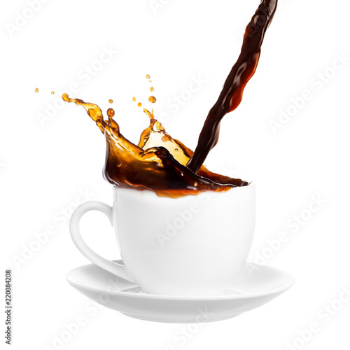 Pouring coffee into cup with splash. Isolated on white background.