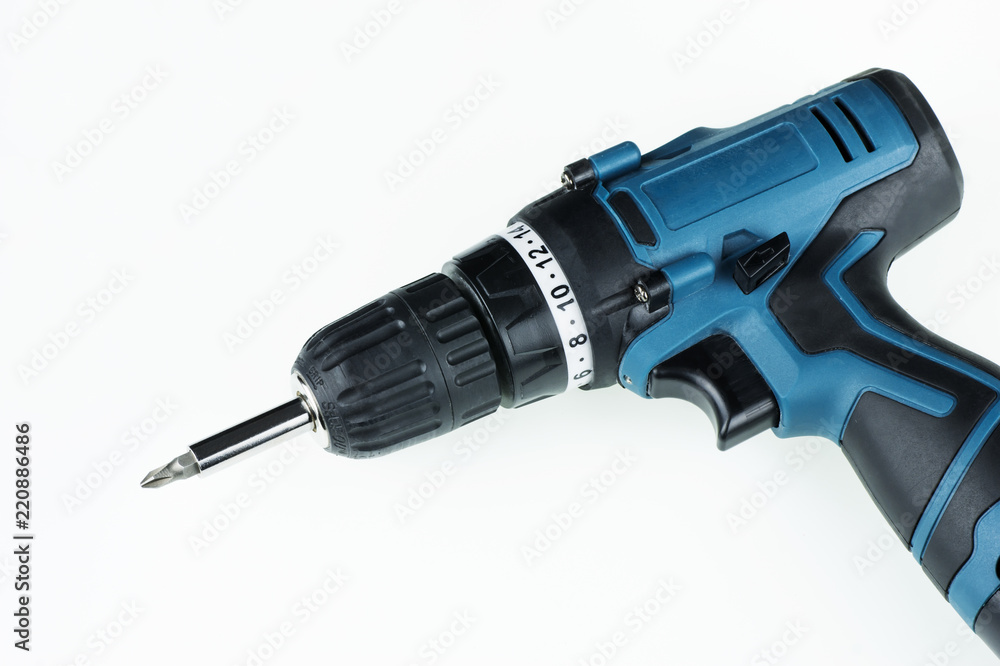 charged blue drill screwdriver on white background charged blue drill screwdriver on white background