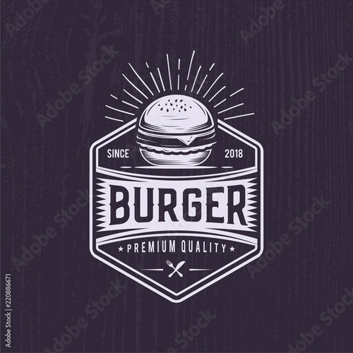 Retro Burger joint. Vintage fast food illustration. Logo wiener  design.  Black background white icon