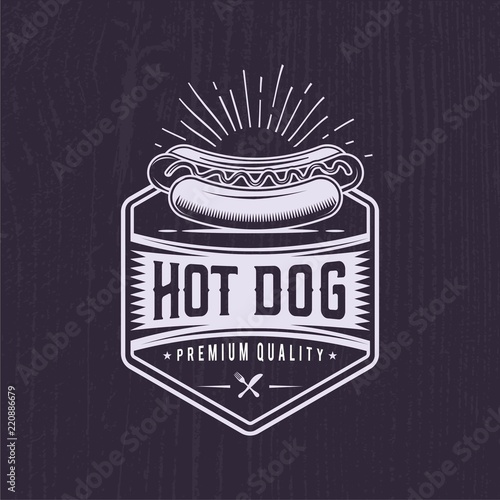 Retro Hot Dog joint. Vintage fast food illustration. Logo wiener  design. 