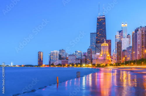 chicago,usa,2017-08-12 : beautiful Chicago skyline at twilight with reflection concrete beach.