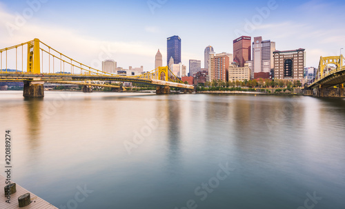 pittsburgh pennsylvania usa   8-21-17. pittsburgh skyline at sunset with reflection in the water.