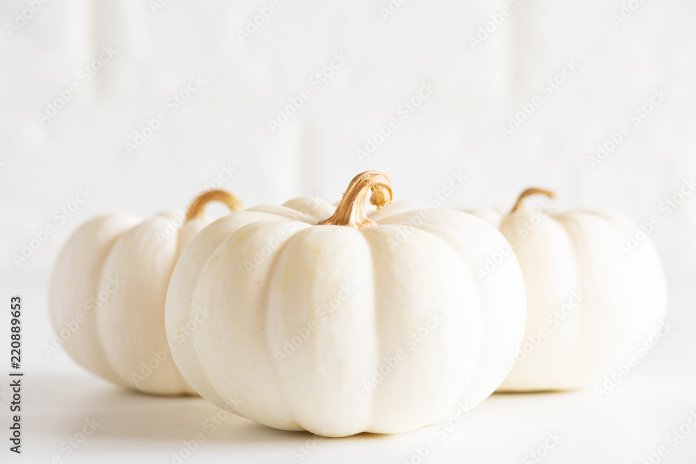 Soft focus on three yellow pumpkin on white brick block background. halloween concept. Soft focus on three yellow pumpkin on white brick block background. halloween concept.