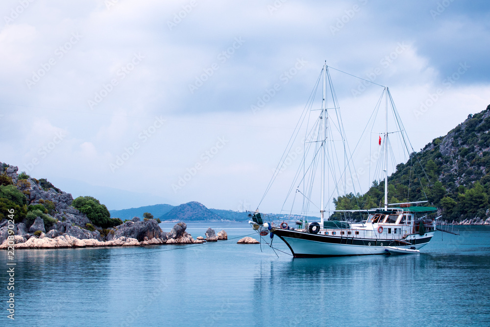 Sailing boat on the bay of Meditteranean Sea, Turkey
