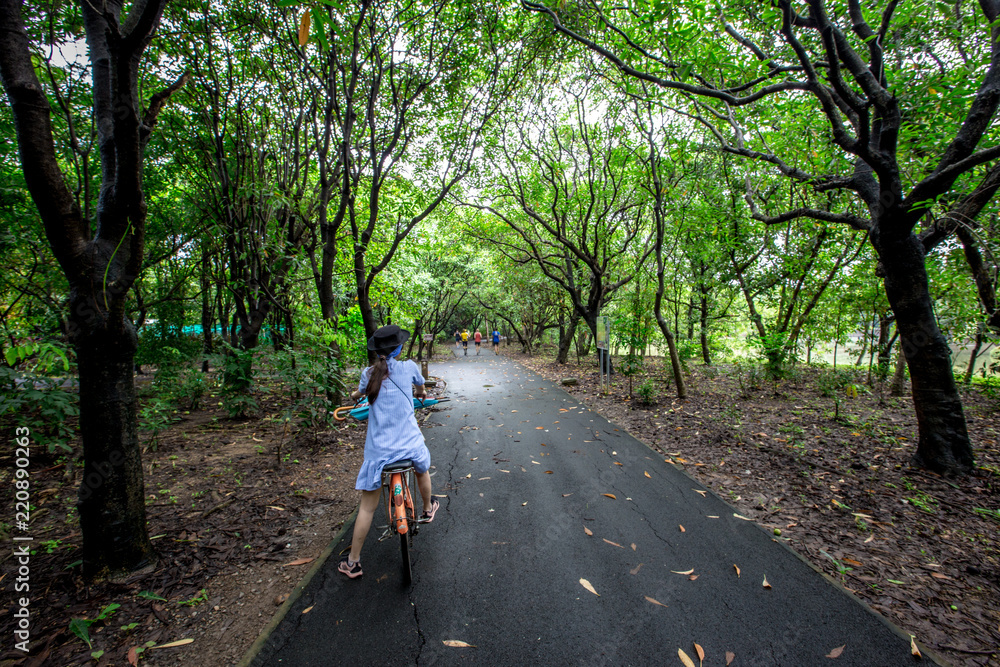Sri Nakhon Khuean Khan Park and Botanical Garden (Bang Kachao), is a garden with green nature. People are biking. Bird watching or studying the ecological nature of Amphoe Phra Pradaeng, Samut Prakan.