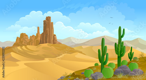 Mountainous background and a desert landscape. 