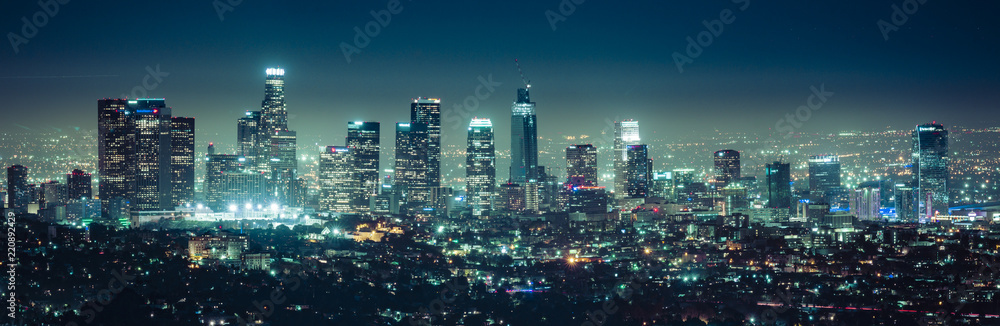 scenic view of Los Angeles skyscrapers at night,California,usa.