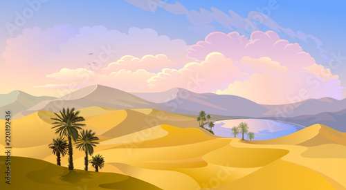 Oasis in the middle of the desert. Palm trees, pond and sands of Arabia