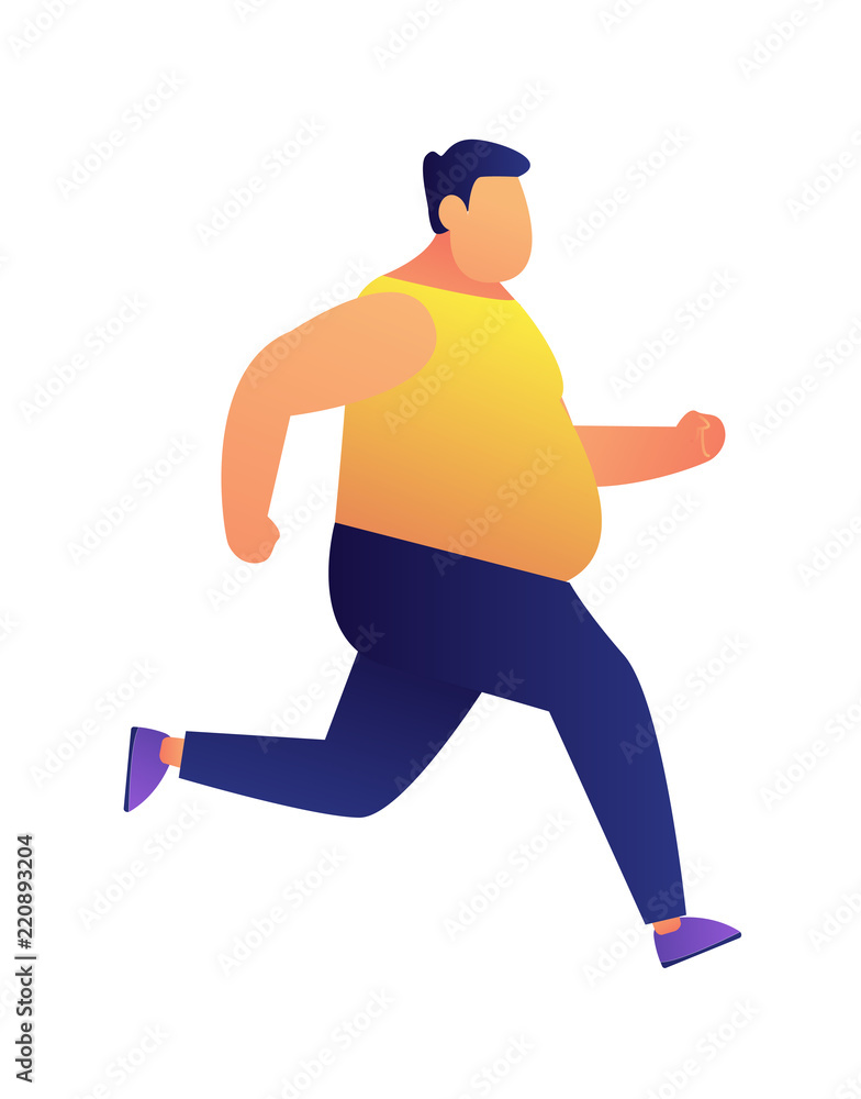 Overweight man jogging vector illustration. Weight loss jogging and fitness training, dieting and cardio training, keeping fit and healthy lifestyle conscious concept. Isolated on white background. Overweight man jogging vector illustration. Weight loss jogging and fitness training, dieting and cardio training, keeping fit and healthy lifestyle conscious concept. Isolated on white background.