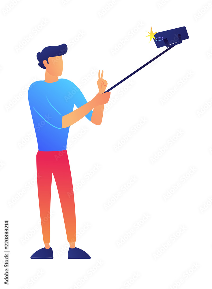 Vlogger with hand victory sign taking selfie with a selfie stick and smartphone vector illustration Vlogger with hand victory sign taking selfie with a selfie stick and smartphone vector illustration