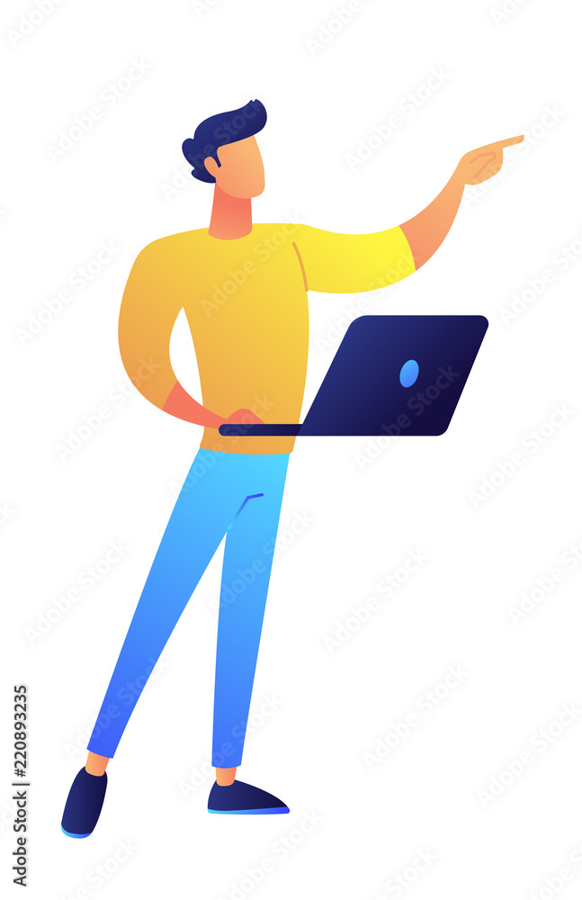 Developer standing with laptop and pointing with finger vector illustration