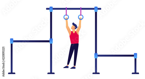 Gymnast hanging on rings vector illustration. Active lifestyle and gymnastics, fitness training and athletics exercises, bodybuilding and competition concept. Isolated on white background.