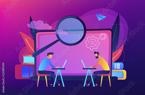 Students with laptops are searching information in comruter class. Computer lab, library or Internet cafe. Modern education and student research concept. Vector illustration on ultraviolet background.