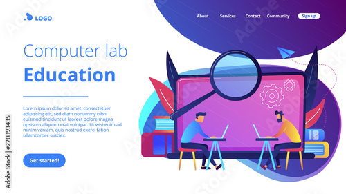 Students with laptops search information in comruter class. Computer Lab education landing page. Academic laboratory, modern education, student research. Vector illustration on blue violet background.