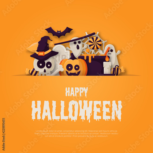 Happy Halloween Background with  pumpkins, ghosts, candy, witch broom, bats, cobwebs, skulls, bones, headstones, witch hats. Paper art style. Vector Illustration