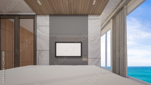 3d rendering of luxury master bedroom , Hang a television on grey wall in the room
