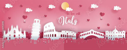 Panorama travel postcard and poster of Italy famous landmarks in paper origami style. Love and honeymoon trip concept. Vector illustration.