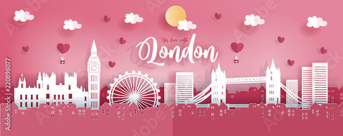 Panorama travel postcard and poster of London, England famous landmarks in paper origami style. Love and honeymoon trip concept. Vector illustration.