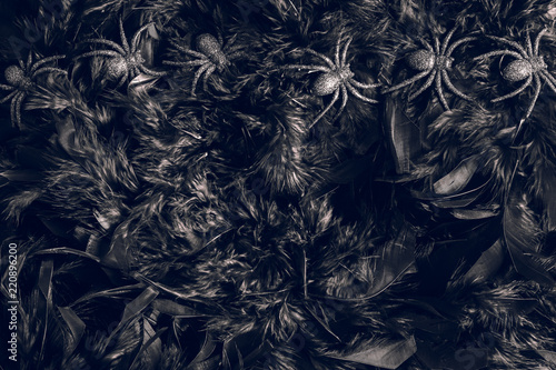 Halloween spider toys on black feathers background. © ezstudiophoto