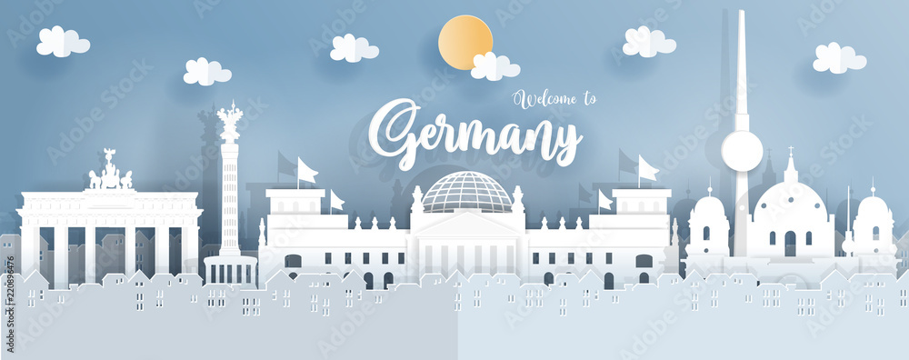 Panorama travel postcard and poster of Germany famous landmarks in paper origami style. Vector illustration.