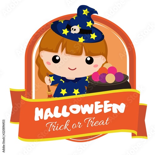halloween badge with lovable kid witch cartoon