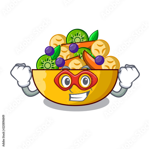Super hero cartoon bowl healthy fresh fruit salad
