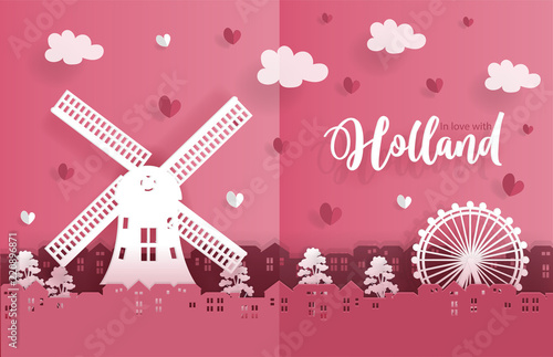 Travel postcard and poster of Holland in paper origami style. Love and honeymoon trip concept. Vector illustration.