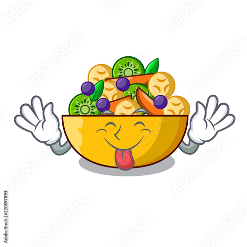 Tongue out dessert of fruits salad on cartoon