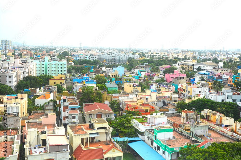 Aerial view of Chennai City, India. Houses and apartments in a densely populated area.