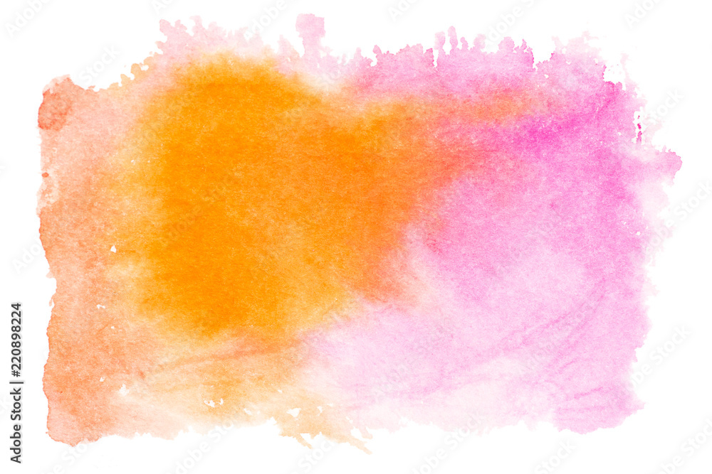 Pink orange watercolor splash isolated on white background. Hand drawn painting.