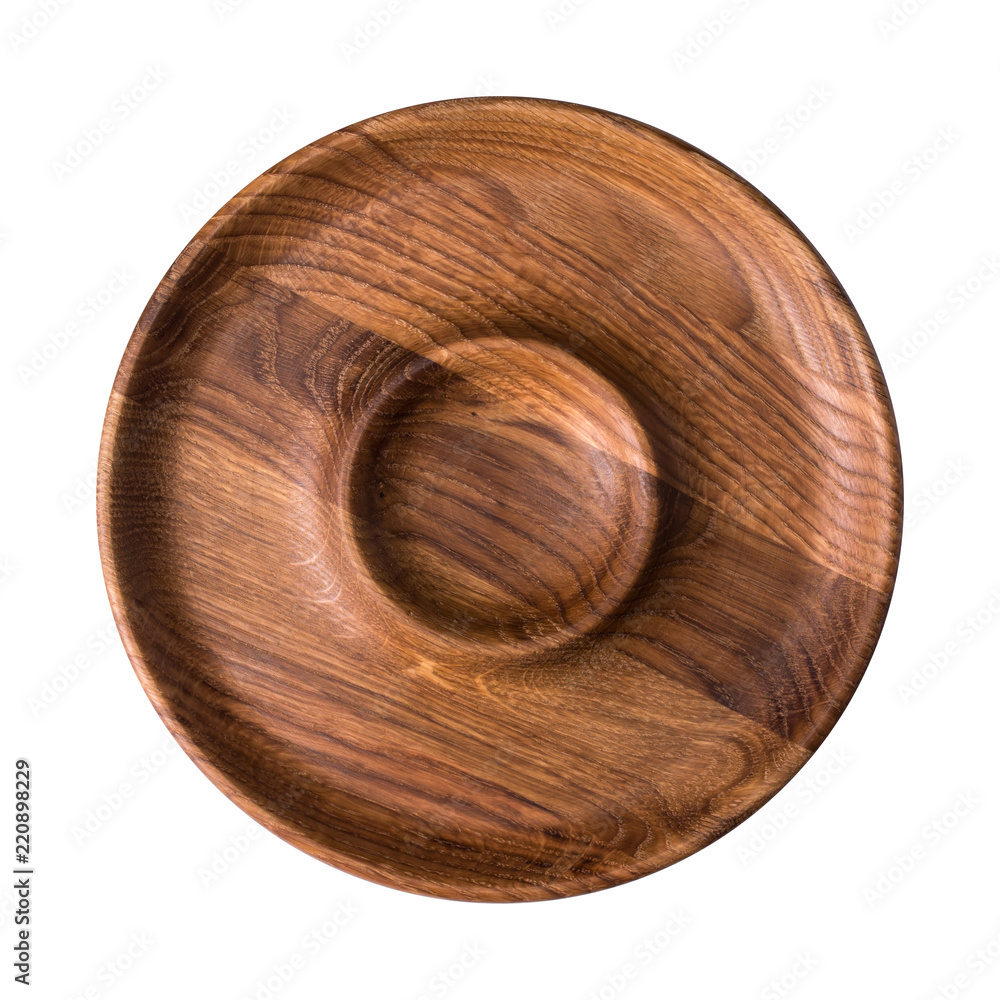 Wooden plate on white background. View from above. Wooden plate on white background. View from above.