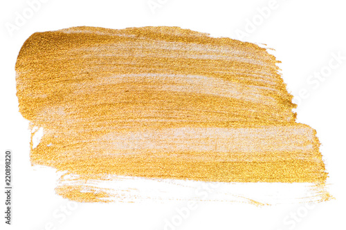 Golden watercolor stroke on white. Bright luxury background.