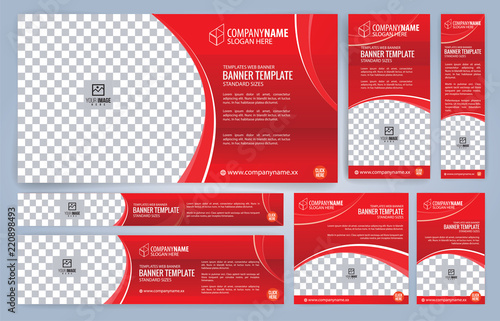 Red Web banners templates, standard sizes with space for photo, modern design