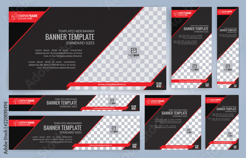 Red and Black Web banners templates, standard sizes with space for photo, modern design