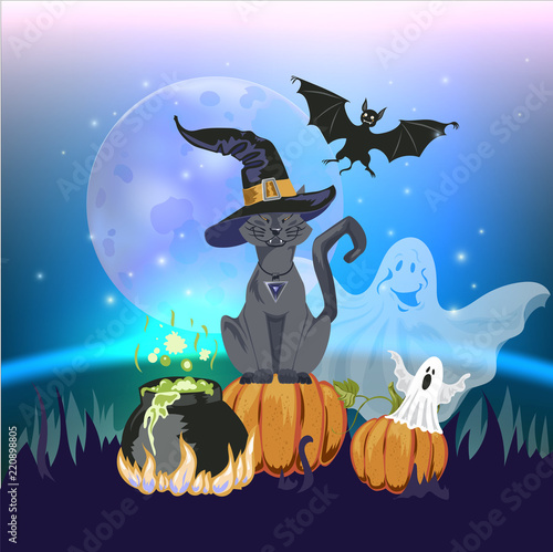 Cartoon cute cat character in a witch s hat with a skull capkake and a Halloween witch s boiler.Ghosts, bat and moon. photo