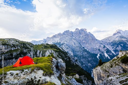 Bivouac at Tre Cime di Lavaredo, tent on pass in Dolomites, Italy.