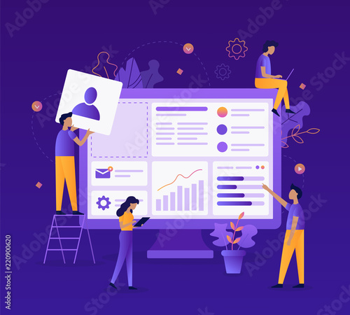 The team of web developers constructs a personal user account or admin panel for the website. Modern vector illustration concept. Flat vector illustration.