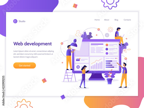 Modern vector illustration concept. The team of web developers constructs a personal user account or admin panel for the website. Website development. Flat vector banner.
