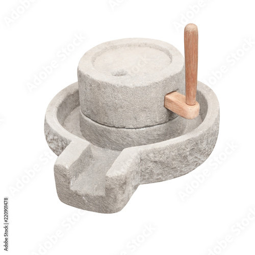 Fotografie Old manual stone millstones on a white background