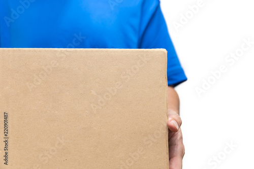 postman handle shipping goods box package on white background