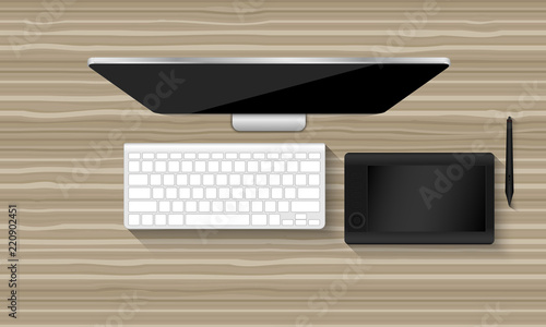 Top view mockup of graphic designer workplace, Tablet, Keyboard, Monitor, Vector design