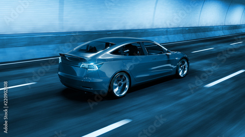 Modern Electric car rides through tunnel with cold blue light style 3d rendering