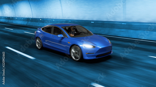 Modern Electric car rides through tunnel with cold blue light style 3d rendering
