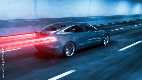 Modern Electric car rides through tunnel with cold blue light style 3d rendering