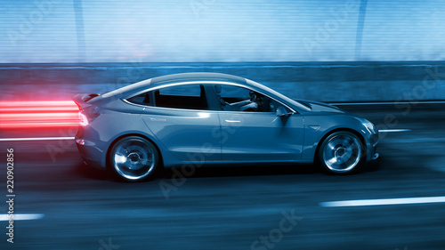 Modern Electric car rides through tunnel with cold blue light style 3d rendering