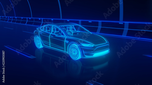 Blue glowing Modern Electric car rides through Blue tunnel 3d rendering