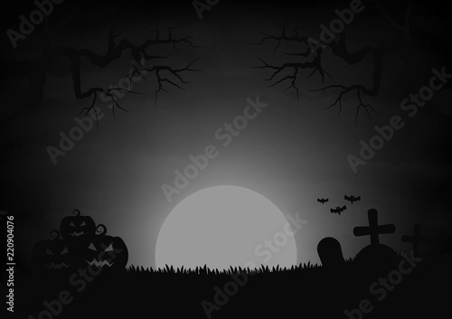 Halloween day pumpkins and Graves Bat moon back background vector