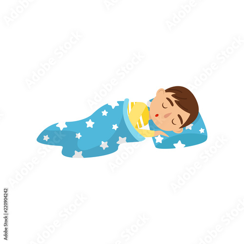 Cute boy sleeping on his bed, kids activity, daily routine vector Illustration on a white background