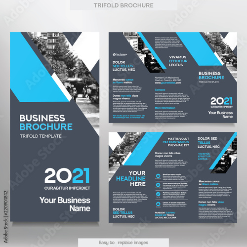 Business Brochure Template in Tri Fold Layout. Corporate Design Leaflet with replacable image.