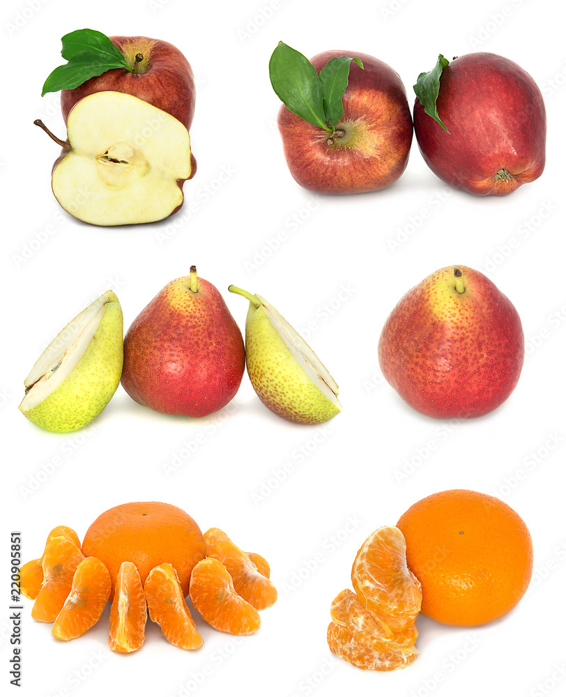 a lot of ripe and juicy fruit on a white background. Apples and pears and Mandarin together. a lot of ripe and juicy fruit on a white background. Apples and pears and Mandarin together.